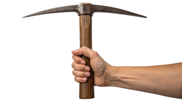 A worker's hand holds a pickaxe, ready for mining