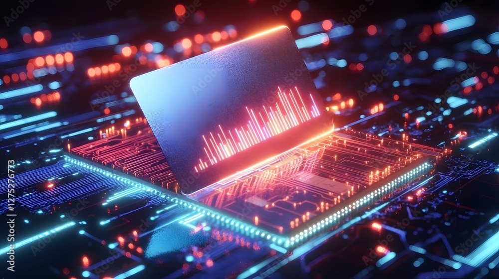 Poster Cyberpunk Inspired Digital Finance Scene with Levitating Credit Card Radiating Intense Red and Blue Neon Glows Against an Intricate Motherboard Backdrop Filled with Circuits and Data Streams
