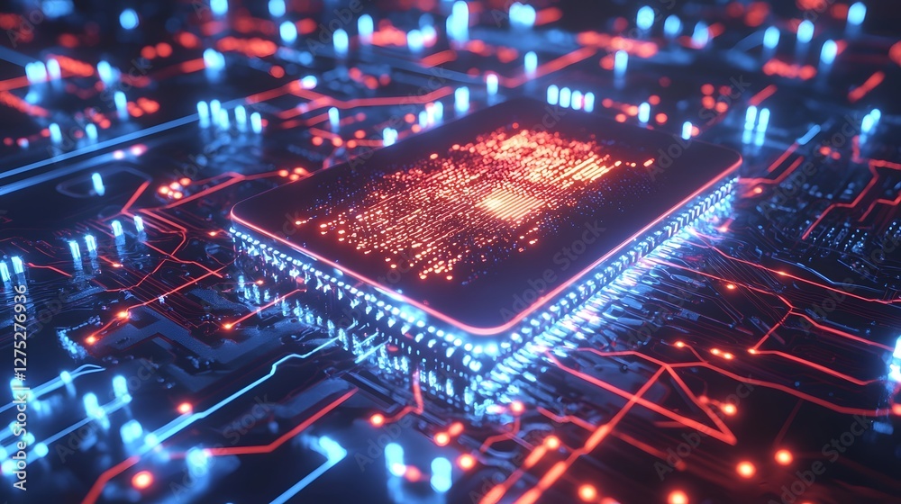 Poster Neon Lit Futuristic Finance Visualization Featuring Levitating Credit Card Glowing with Intense Red and Blue Lights Against a Dark Motherboard Circuit Environment Filled with High Tech Details