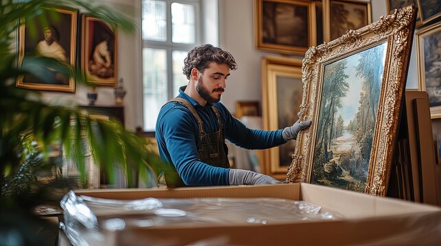 Man Carefully Packages a Valuable Landscape Painting