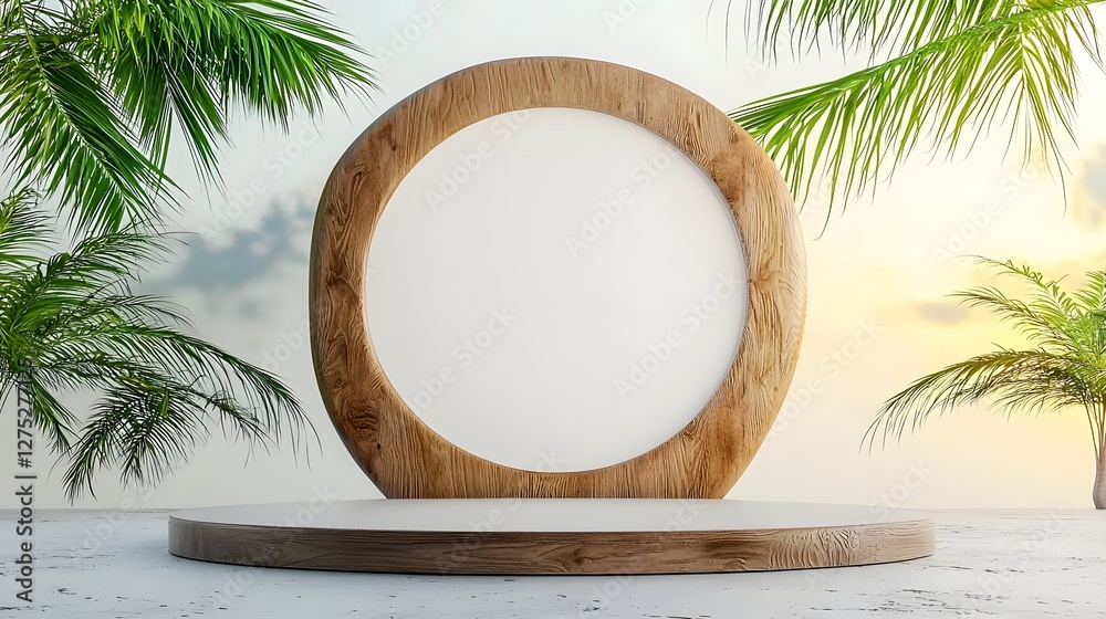 Aufkleber Minimalistic and elegant product display scene featuring a smooth wooden platform with an abstract sculpture in the background