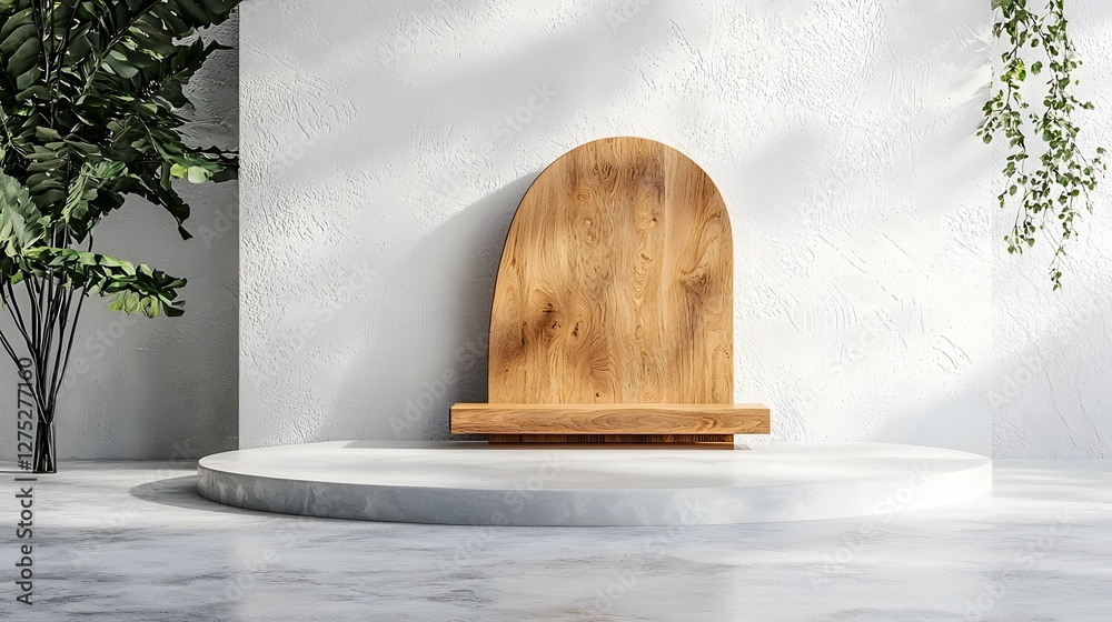 Poster A minimalistic and modern product display scene featuring a smooth platform with an abstract wooden sculpture in the background illuminated by soft natural lighting