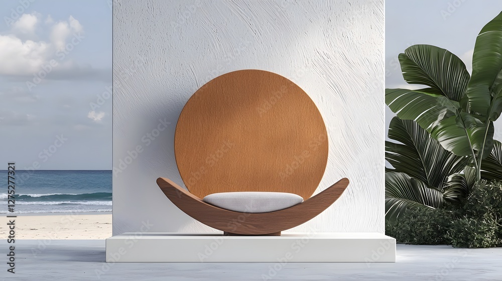 Poster minimalist and modern product showcase with a sculptural wooden element in the background blending o
