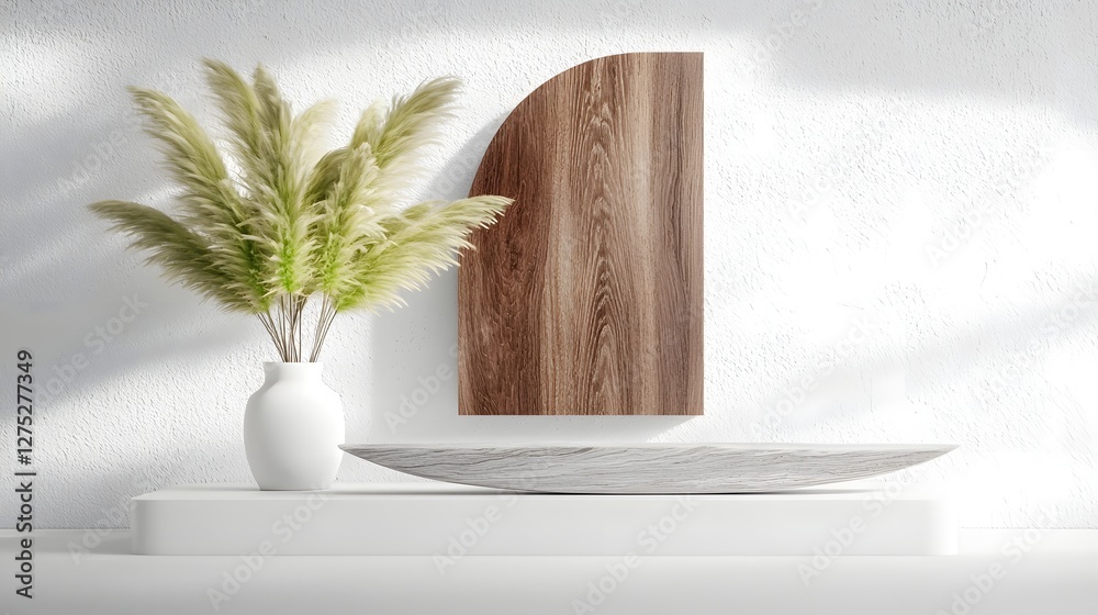 Poster minimalist and modern product showcase with a sculptural wooden element in the background blending o