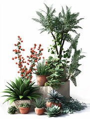 Naklejka premium An indoor plant studio features a curated collection of diverse potted plants, including succulents and ferns, highlighting their distinct shapes and textures in a sleek, minimalist environment.