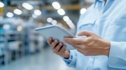 Person Using Digital Tablet in Factory Setting