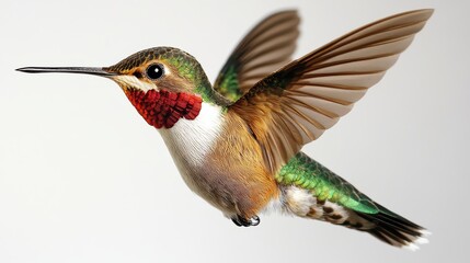 Fototapeta premium A small robotic hummingbird, symbolizing innovation and new technologies, flies against a white background.