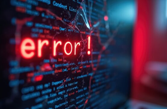 Glowing Error message on cracked computer screen conveys urgent tech issues. Digital problem warning alert shown in red, symbolizes software malfunction, cyber attack, data crash.