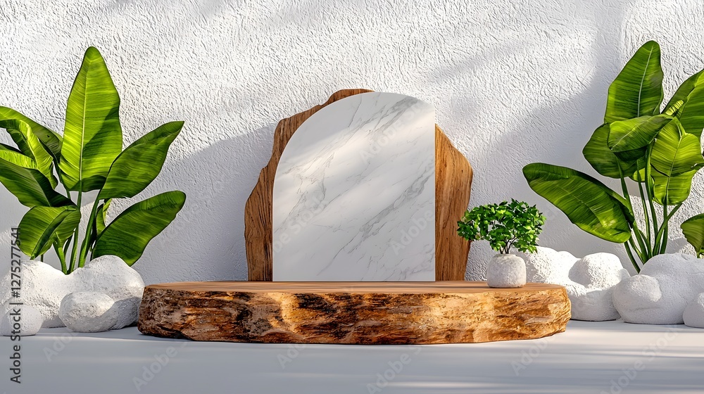 Aufkleber Serene and Elegant Product Stage Featuring an Abstract Wooden Sculpture as a Backdrop Seamlessly Integrating Natural Textures with Clean Minimalist Design Elements for a Calm and Display