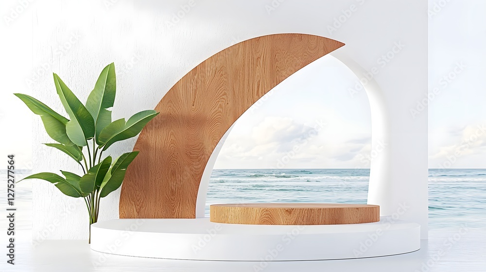 Poster serene and elegant product stage featuring an abstract wooden sculpture as a backdrop seamlessly int