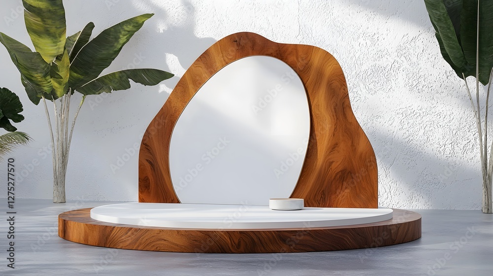 Poster A contemporary and product presentation scene featuring a uniquely designed wooden sculpture in the background adding depth and warmth to the minimal aesthetic  The clean simple
