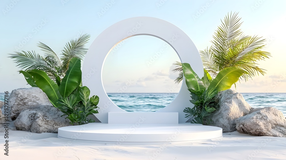 Poster serene and elegant 3d rendered minimalistic scene featuring a sleek white podium with a circular win