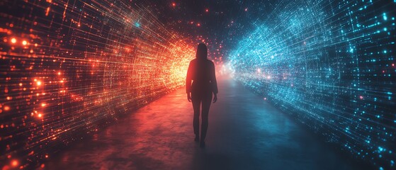 A person navigating a virtual 3D data network, with beams of light highlighting key pathways leading to valuable information