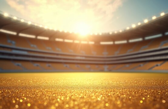 Defocused day stadium background. Sport arena grass field, gold foreground, blue sky. Abstract blurred bokeh with empty seats for presentation backdrop.