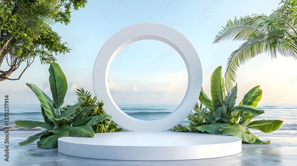 Aufkleber A tranquil and product display scene featuring a minimalistic white podium with a circular opening beautifully set within a peaceful arrangement of lush green plants and soft calming lighting