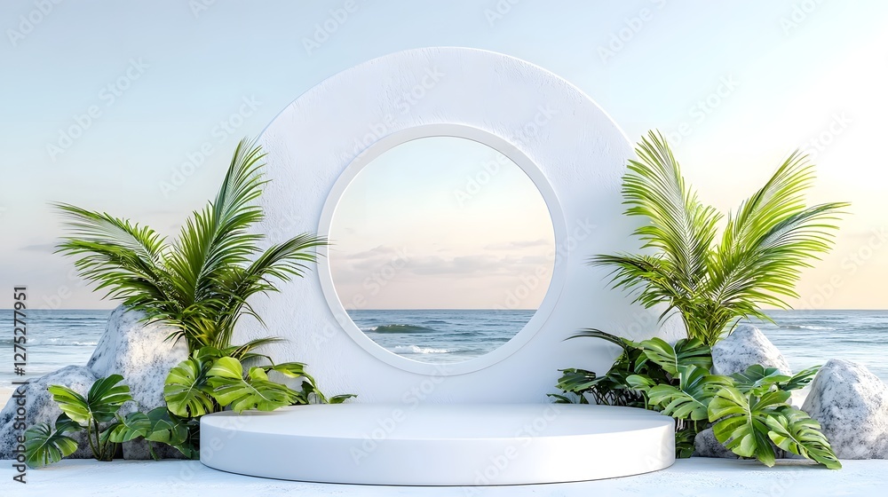 Poster Tranquil and Product Display Scene with a Minimalistic White Podium Featuring a Circular Opening Beautifully Set within a Peaceful Arrangement of Green Plants and Soft Lighting
