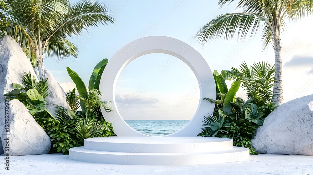 Poster Sleek and nature inspired showcase design featuring a pure white podium and circular window surrounded by dense green botanical elements that radiate elegance and simplicity