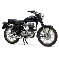 A motorcycle is displayed at a slight on a white background