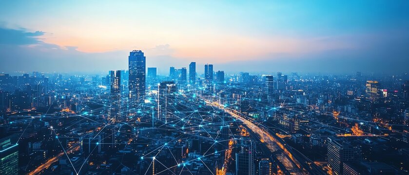 A sprawling smart city powered by interconnected technology, with sensors and data lines seamlessly integrated into the urban infrastructure