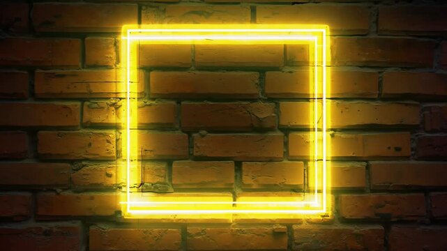 A neon yellow square is lit up against a brick wall background. The wall is made of red bricks and has a rough texture with glowing light neon. The color of the wall is deep purple, which gives it a m