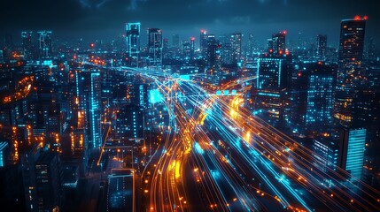 Fototapeta premium A vibrant urban scene with sensors embedded in every corner, sending data through glowing lines, creating a smart city ecosystem for enhanced living