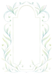 Blue green watercolor painting nature leaves frame template. Isolated Hand drawn leaves on white background. Template for design, invitation, card