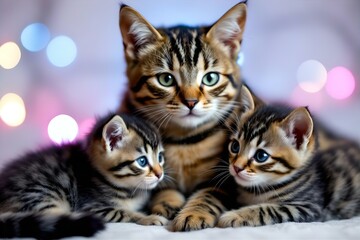 Obraz premium Cute Tabby Cat Family: Mother Cat with Adorable Kittens Portrait, Striped Fur, Green Eyes, Bokeh Background, Pet Photography, Feline Love