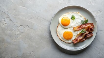 A delicious breakfast plate featuring sunny-side up eggs and crispy bacon, garnished with fresh herbs, presented on a minimalist background