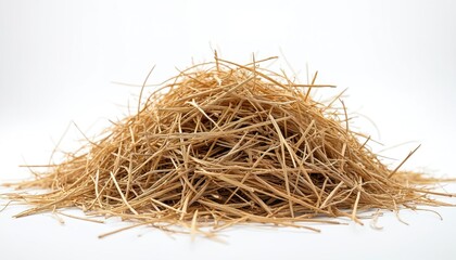 Obraz premium Pile of dry straw, hay on white background. Abstract haystack, agriculture, farming concept. Rural farm backdrop. Straw texture, hay pattern. For animal feed, livestock.