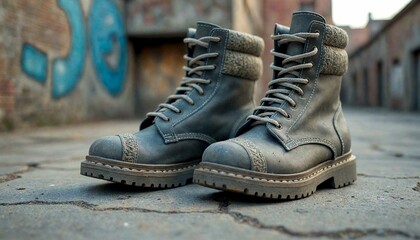 Gray combat boots on concrete with graffiti background