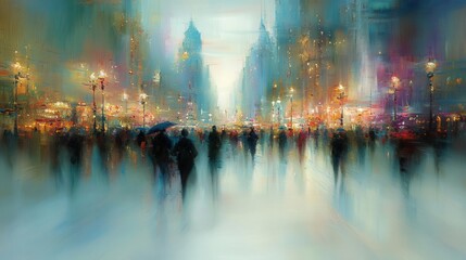 A vibrant city scene filled with blurred figures, showcasing the hustle and bustle of urban life with colorful lights and a dynamic atmosphere. Copy space