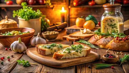 Rustic Kitchen Still Life Herb Butter Crostini with Garlic and Fresh Herbs on Wooden Board