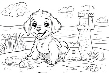 Obraz premium Happy puppy playing on beach near sandcastle