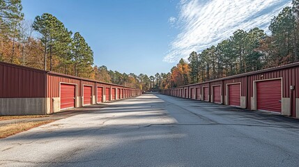 Red Storage Units Line A Wooded Driveway