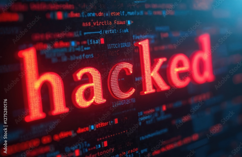 Poster bright red warning hacked on digital display with abstract blurred code. cyber attack alert. unautho