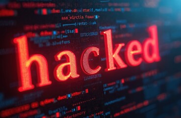 Bright red warning Hacked on digital display with abstract blurred code. Cyber attack alert. Unauthorized access and data breach background. Cybercrime and info safety concept.