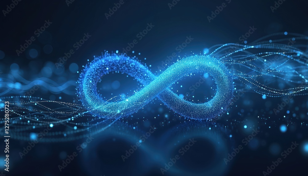Poster Glowing data points and lines form infinite symbol. Represents endless flow data in artificial intelligence. Light trails on dark blue tech background for banner or wallpaper.