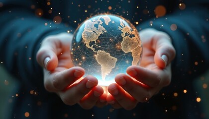 Human hands holding glowing Earth globe with network connections as metaphor for global connectivity, ethical AI. Concept of transparent, responsible tech development, innovation for humanity future.
