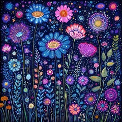 A vibrant illustration of colorful flowers against a dark background, showcasing their beauty and diversity in a whimsical artistic style. Copy space, commercial use