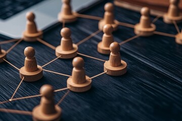 The image portrays a network visualization with chess pawn figures connected by lines, symbolizing interactions and relationships between individuals or entities This concept suggests themes of