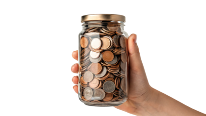 Hands holding coins in a glass jar, represent savings and investment for future wealth