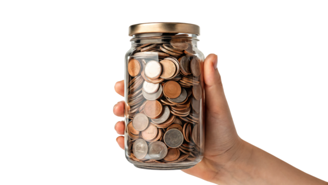 Hands holding coins in a glass jar, represent savings and investment for future wealth - Powered by Adobe