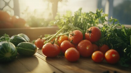 Fresh Organic Vegetables Including Tomatoes and Cucumbers on Table