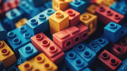 Colorful plastic blocks piled high, abstract background, construction toy, educational