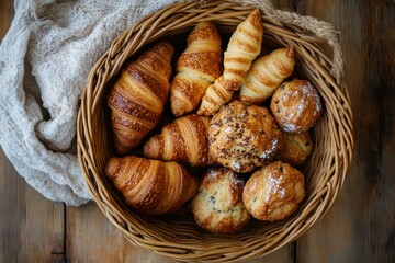 A rustic woven basket brimming with fresh croissants, muffins, and scones, photographed from above.