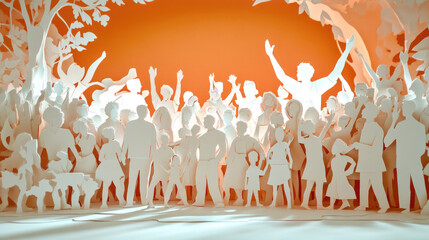 A paper cut artwork of a diverse crowd, designed with figures of varying sizes and shapes to represent a mix of cultures and backgrounds. The cutout design is both detailed and simple