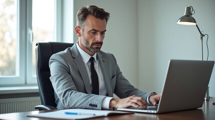 Obraz premium A businessman in the office with a laptop.