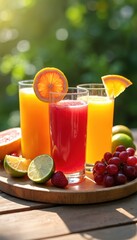 Fototapeta premium Fresh fruit juices in glasses on wooden background. Red, orange color. Healthy sweet smoothie, grape, citrous beverage. Diet breakfast, vegetarian food, organic nutrition, delicious refreshment.