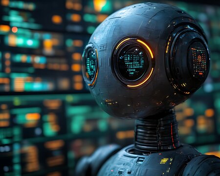 Futuristic robot head in server room