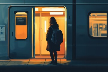 A side view of a woman with a backpack walking confidently toward an open train door at the station.
